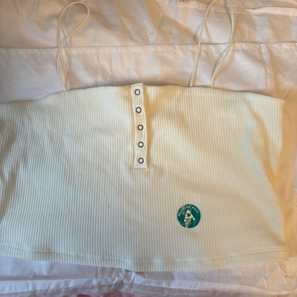 Cream Ribbed Crop Top with Button Detail
